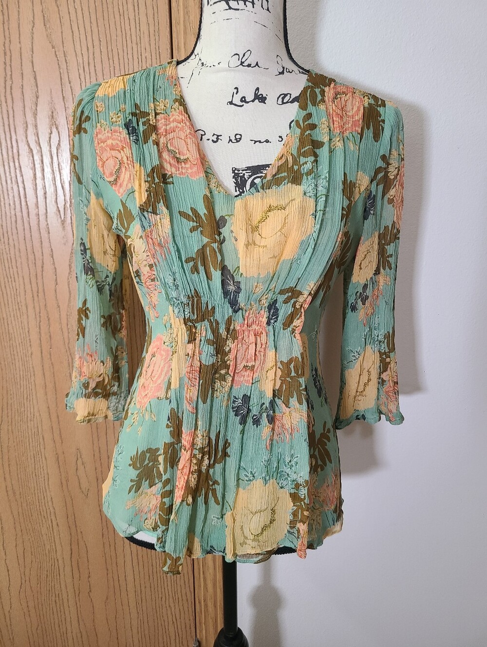 Sundance Silk Boho Cottagecore Floral Print Smocked Blouse Peasant Top